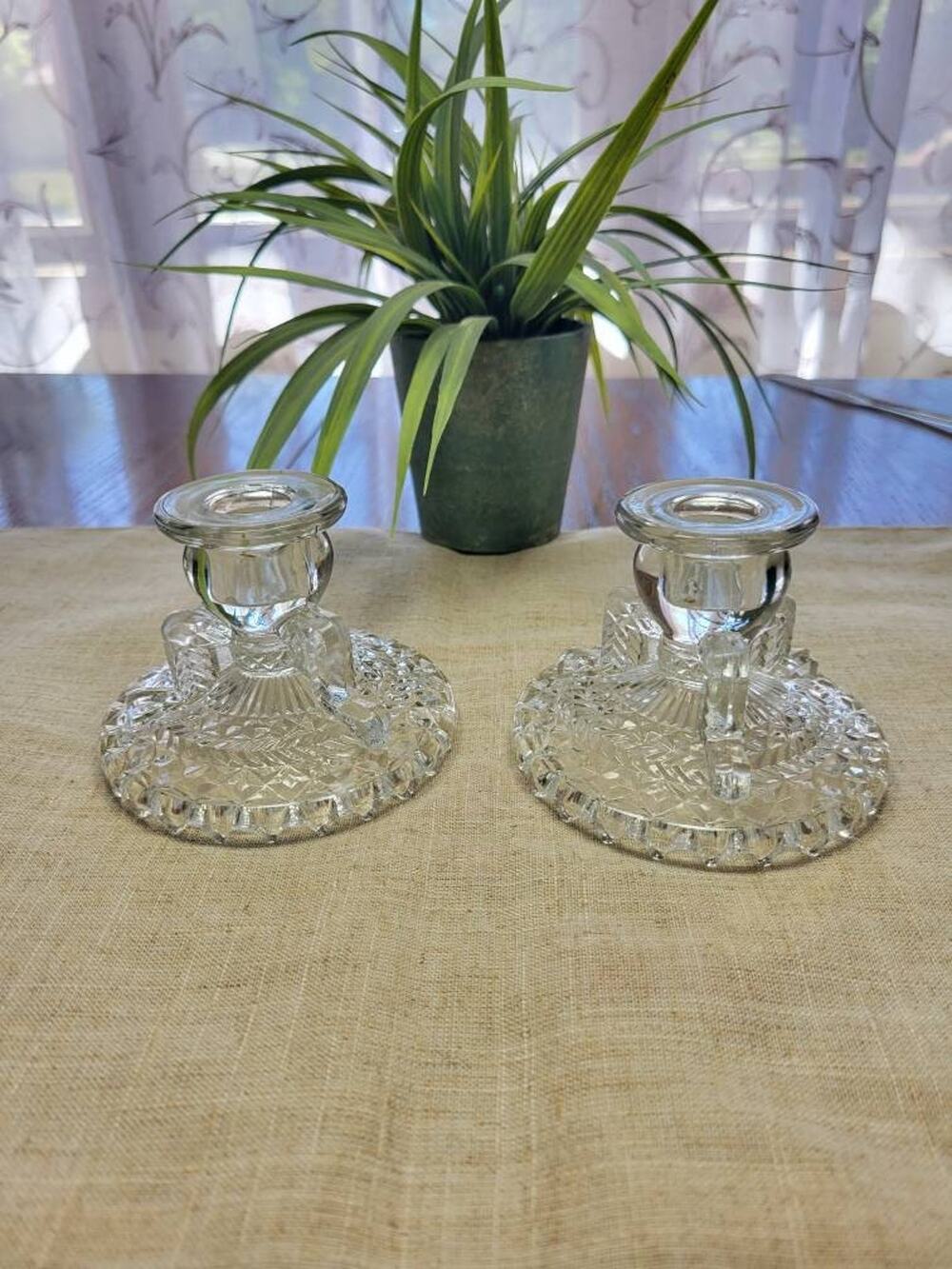 Vintage Anchor Hocking Stars and Laurel Clear Glass Taper Candle Holder Pair
